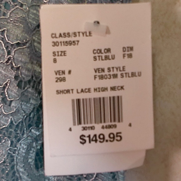 NWT David’s Bridal Steel Blue Short Lace Dress High Neck,V-Back, Lined Size 8 - Picture 5 of 16
